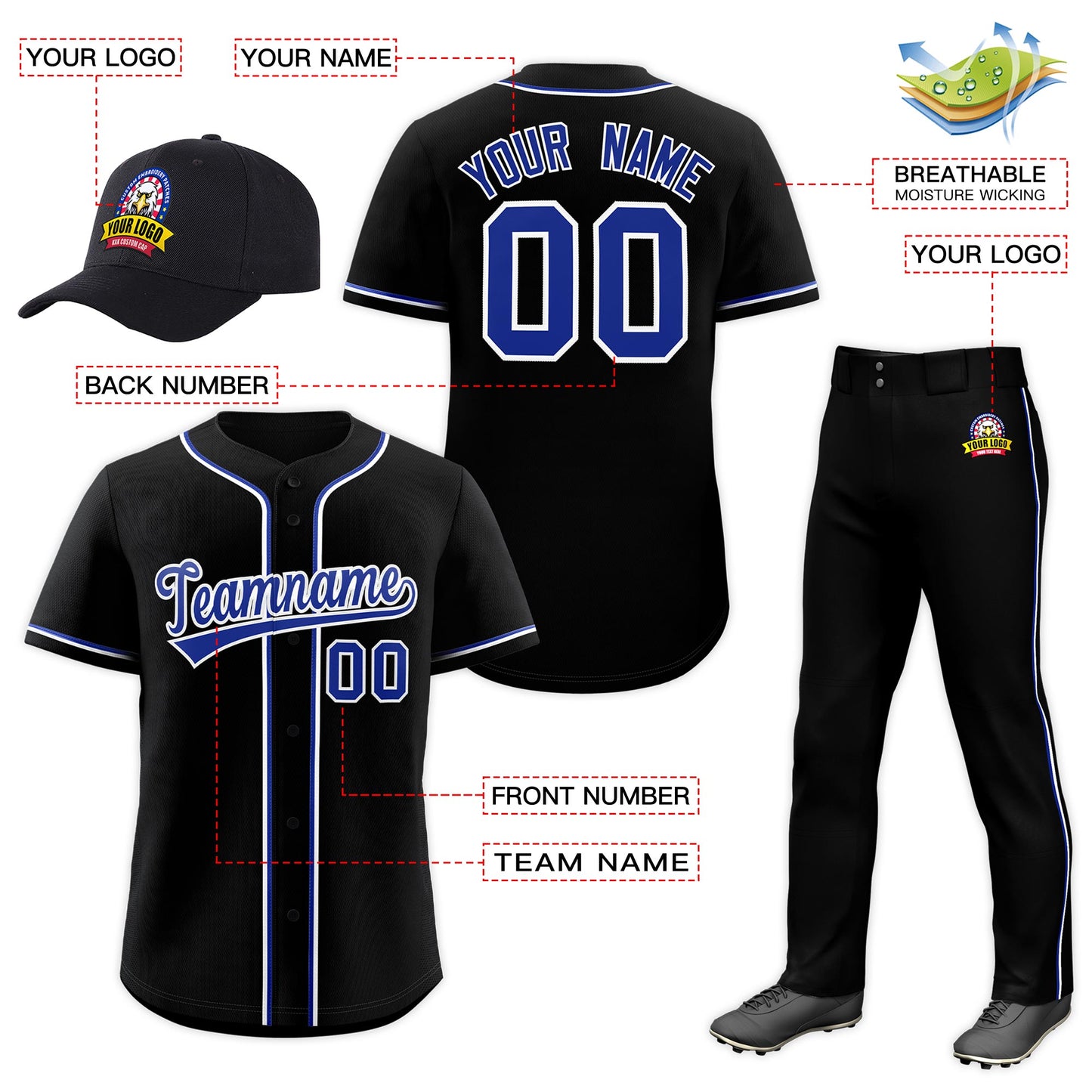 Custom Black Royal Blue Classic Style  Baseball Uniform Jersey/Pants/Hat Package For Team Limited