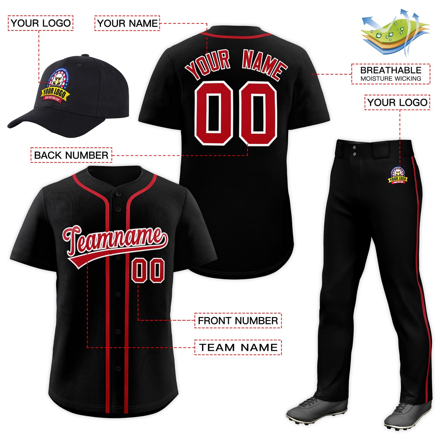 Custom Black Red Classic Style  Baseball Uniform Jersey/Pants/Hat Package For Team Limited