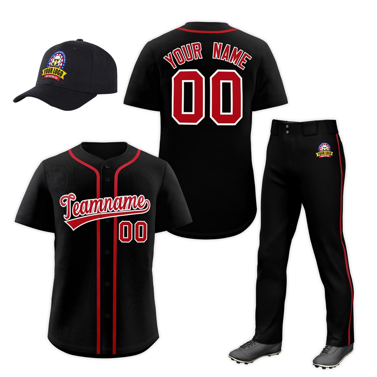 Custom Black Red Classic Style  Baseball Uniform Jersey/Pants/Hat Package For Team