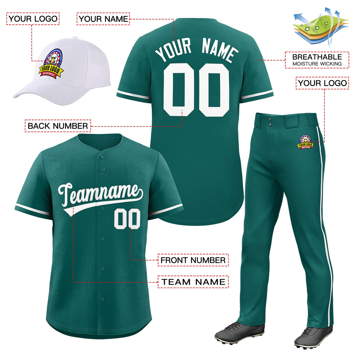 Custom Teal White Classic Style  Baseball Uniform Jersey/Pants/Hat Package For Team Limited