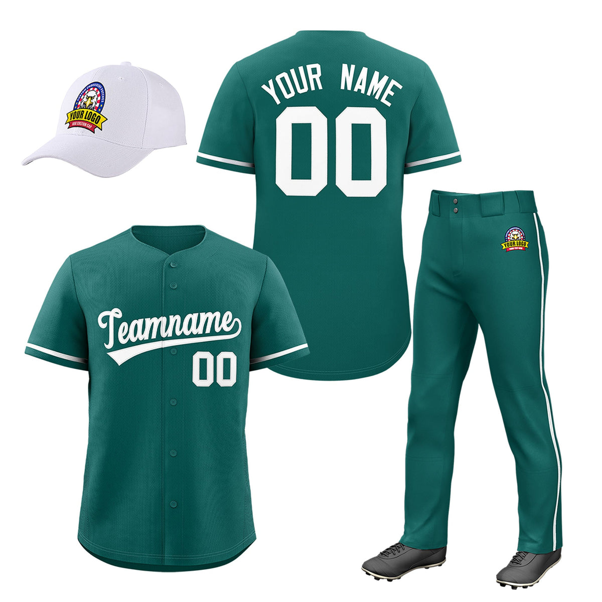 Custom Teal White Classic Style  Baseball Uniform Jersey/Pants/Hat Package For Team