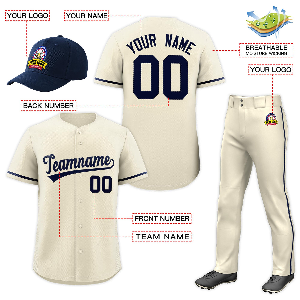 Custom Cream Navy Classic Style  Baseball Uniform Jersey/Pants/Hat Package For Team Limited
