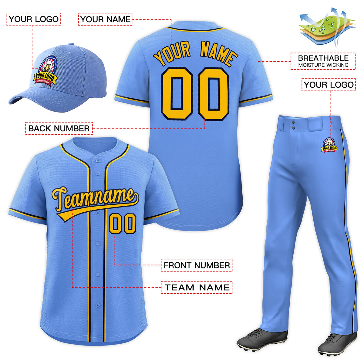 Custom Light Blue Gold Classic Style  Baseball Uniform Jersey/Pants/Hat Package For Team Limited