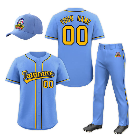 Custom Light Blue Gold Classic Style  Baseball Uniform Jersey/Pants/Hat Package For Team
