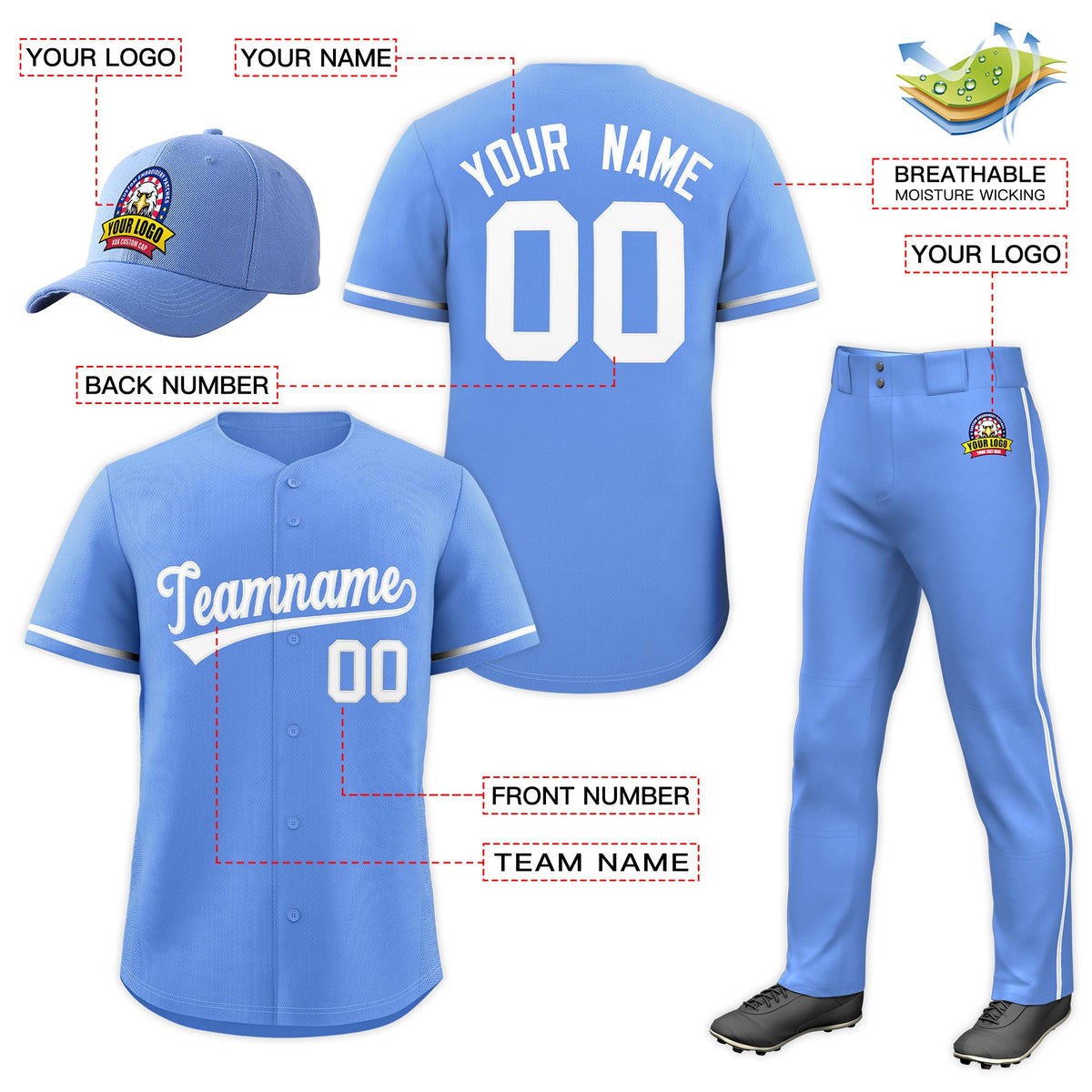 Custom Light Blue White Classic Style  Baseball Uniform Jersey/Pants/Hat Package For Team Limited