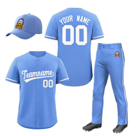 Custom Light Blue White Classic Style  Baseball Uniform Jersey/Pants/Hat Package For Team