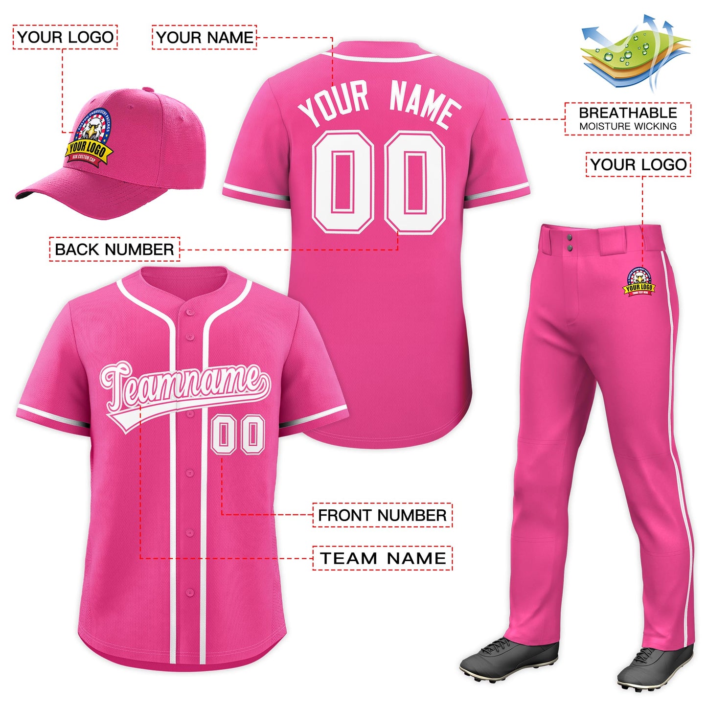 Custom Pink White Classic Style  Baseball Uniform Jersey/Pants/Hat Package For Team Limited