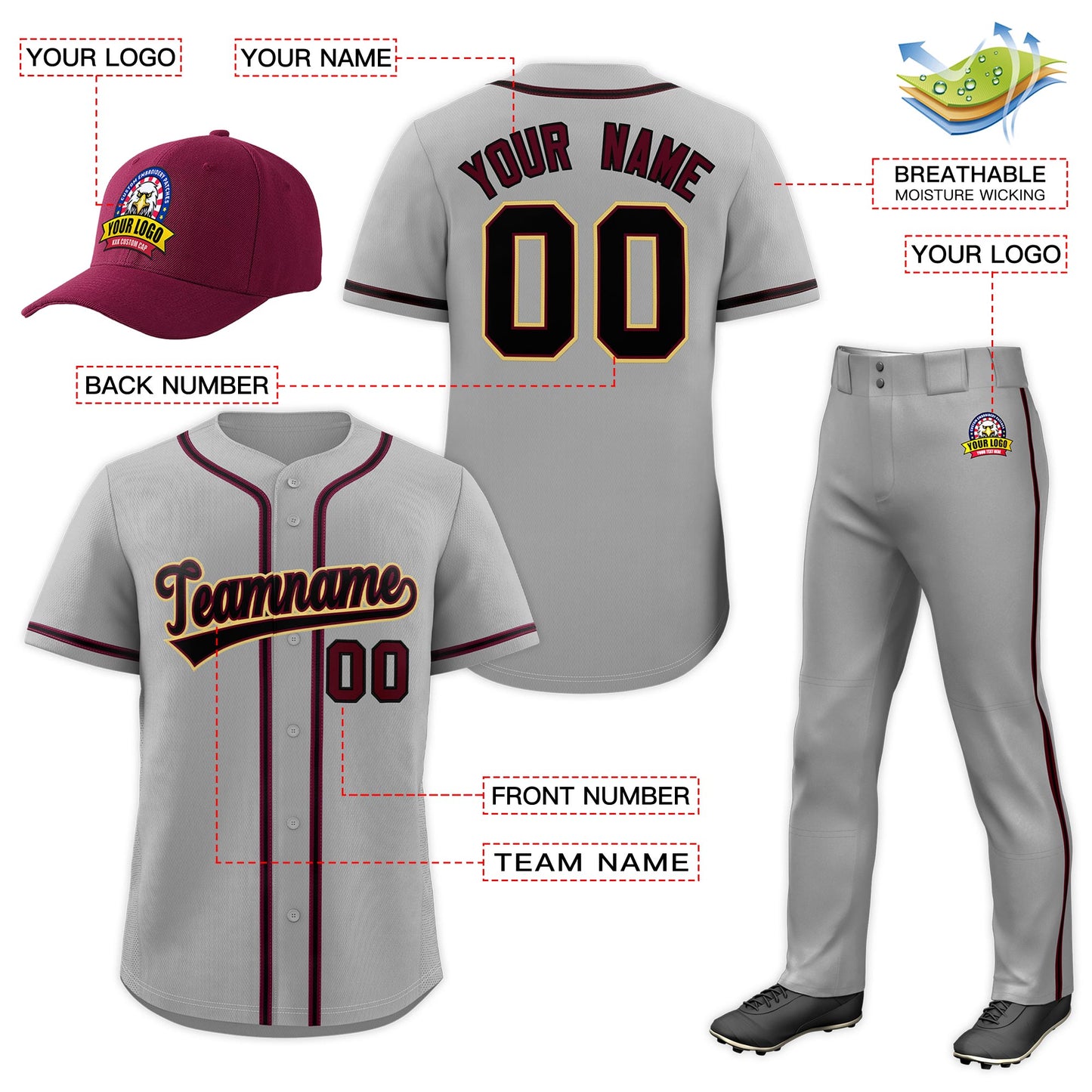 Custom Gray Crimson Classic Style  Baseball Uniform Jersey/Pants/Hat Package For Team Limited