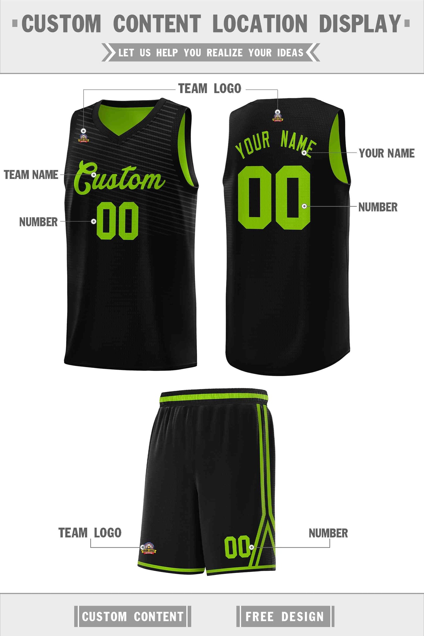 Custom Black Neon Green Chest Slash Patttern Sports Uniform Basketball Jersey Limited