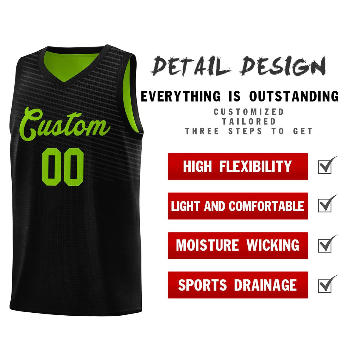 Custom Black Neon Green Chest Slash Patttern Sports Uniform Basketball Jersey Limited
