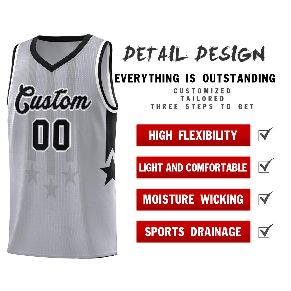 Custom Gray Black and White Gradient Star Graffiti Pattern Sports Uniform Basketball Jersey Limited