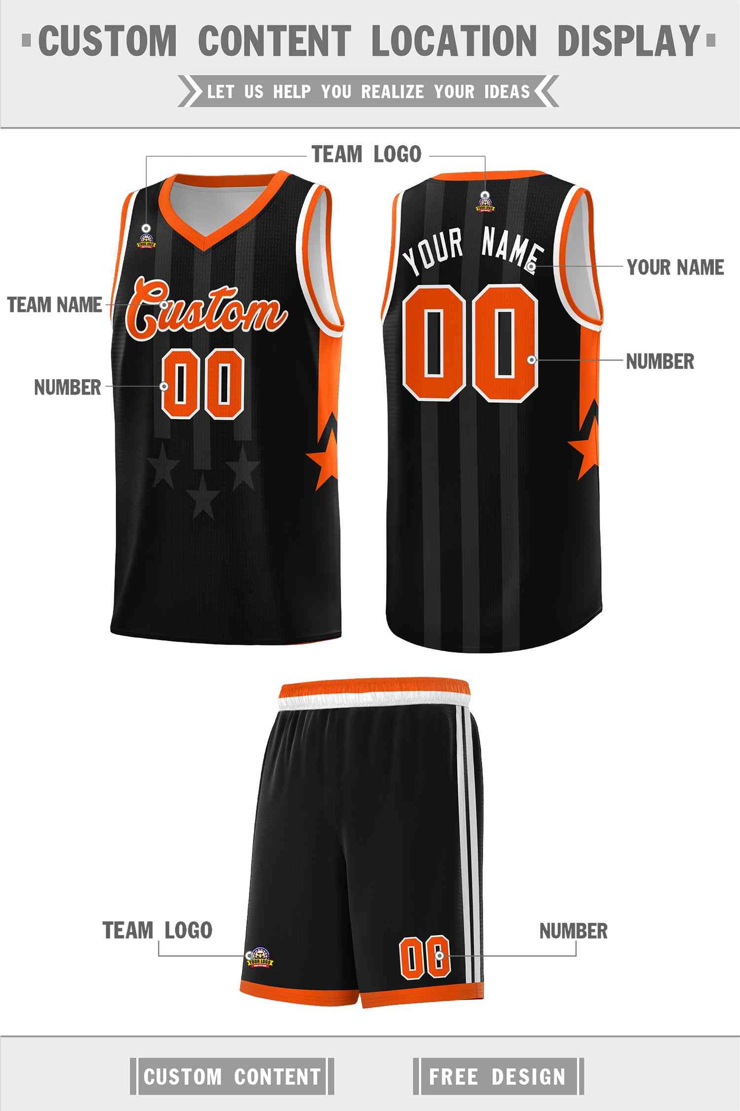 Custom Black Orange and White Gradient Star Graffiti Pattern Sports Uniform Basketball Jersey Limited