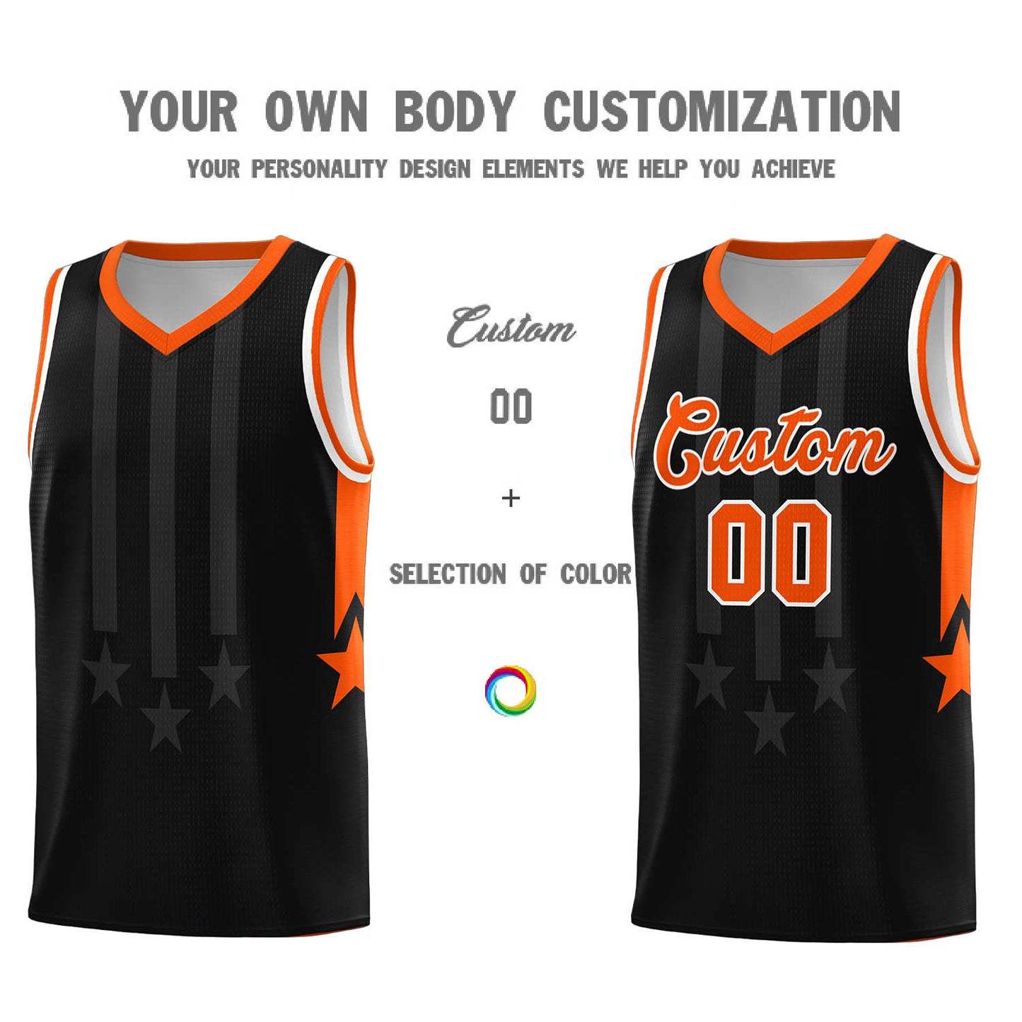 Custom Black Orange and White Gradient Star Graffiti Pattern Sports Uniform Basketball Jersey Limited