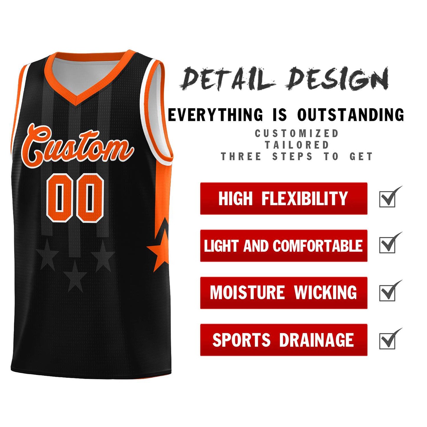 Custom Black Orange and White Gradient Star Graffiti Pattern Sports Uniform Basketball Jersey Limited