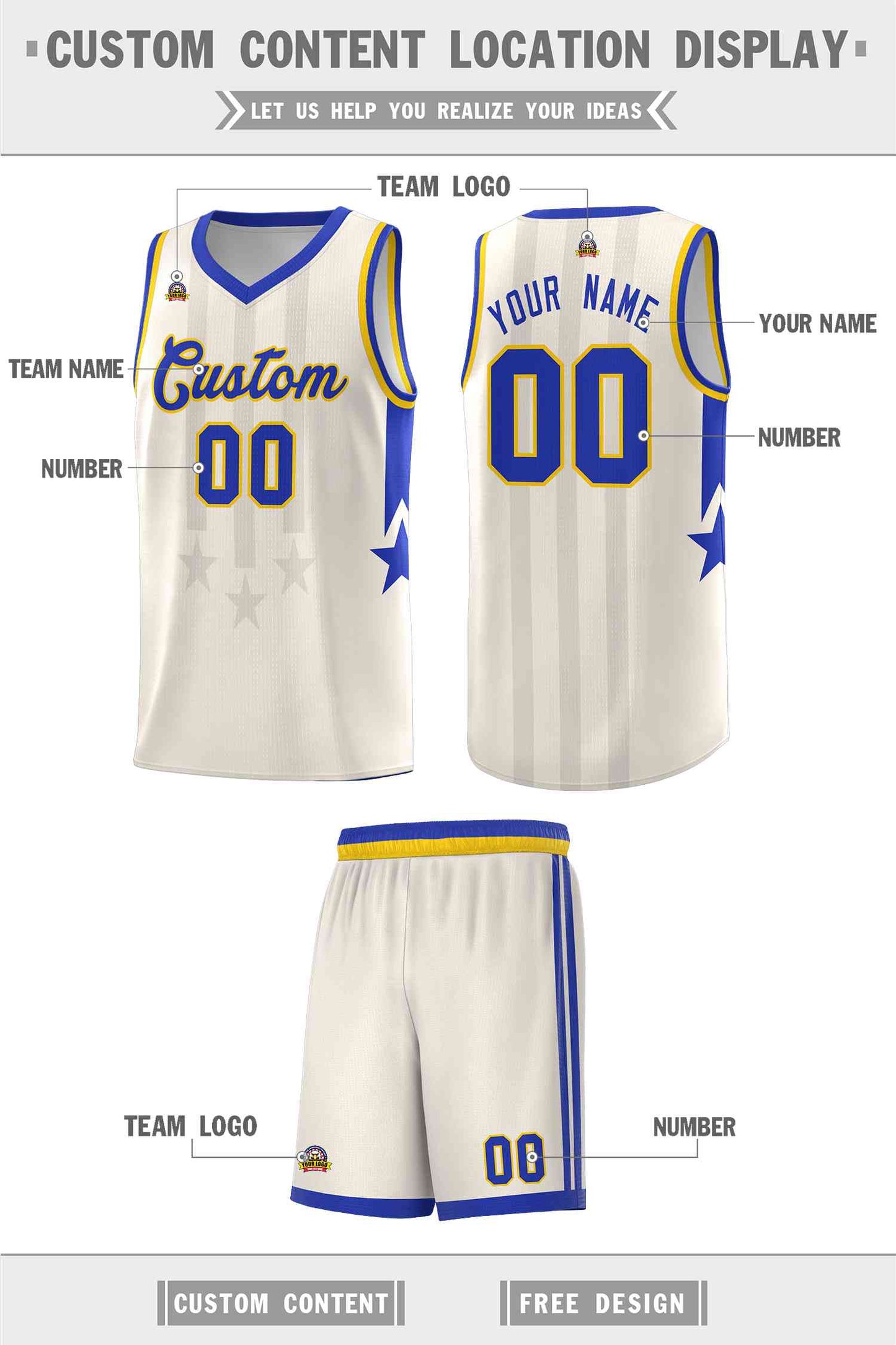 Custom Cream Royal and Gold Gradient Star Graffiti Pattern Sports Uniform Basketball Jersey Limited