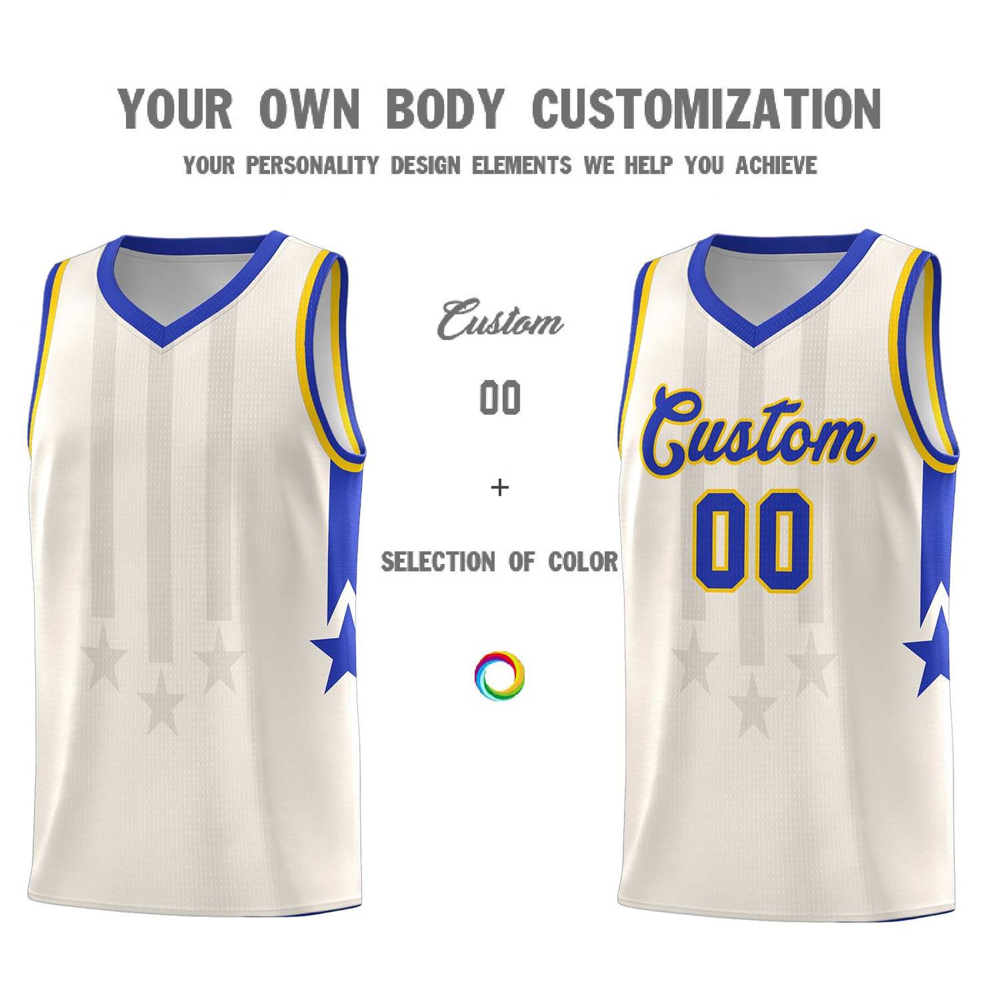 Custom Cream Royal and Gold Gradient Star Graffiti Pattern Sports Uniform Basketball Jersey Limited