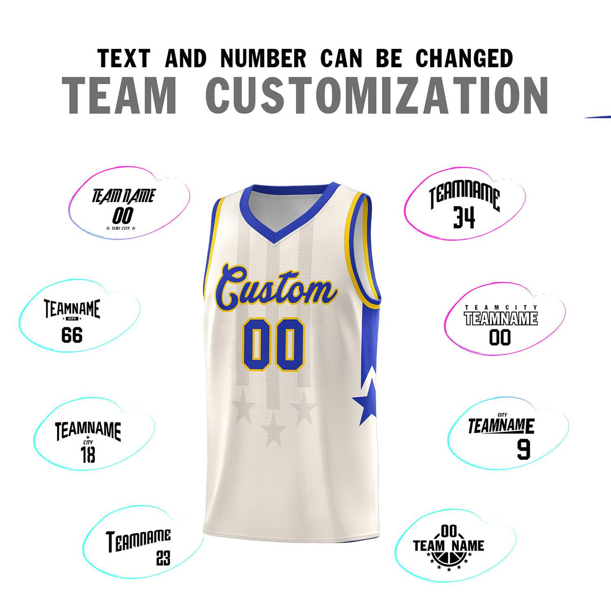 Custom Cream Royal and Gold Gradient Star Graffiti Pattern Sports Uniform Basketball Jersey Limited