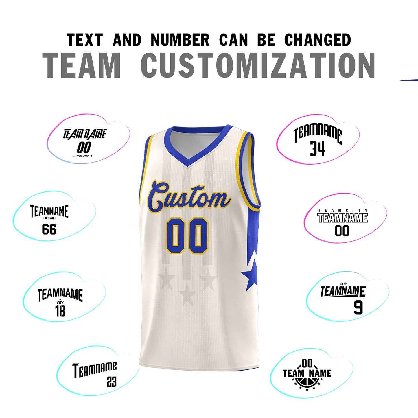Custom Cream Royal and Gold Gradient Star Graffiti Pattern Sports Uniform Basketball Jersey Limited