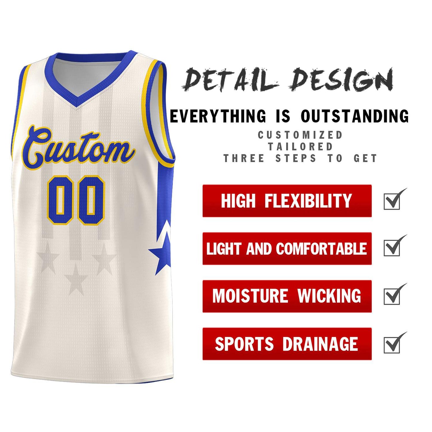 Custom Cream Royal and Gold Gradient Star Graffiti Pattern Sports Uniform Basketball Jersey Limited