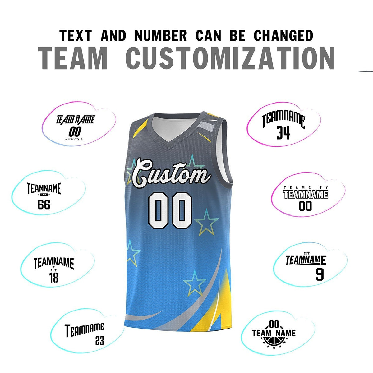 Custom Gray Powder Blue Gradient Star Graffiti Pattern Sports Uniform Basketball Jersey Limited