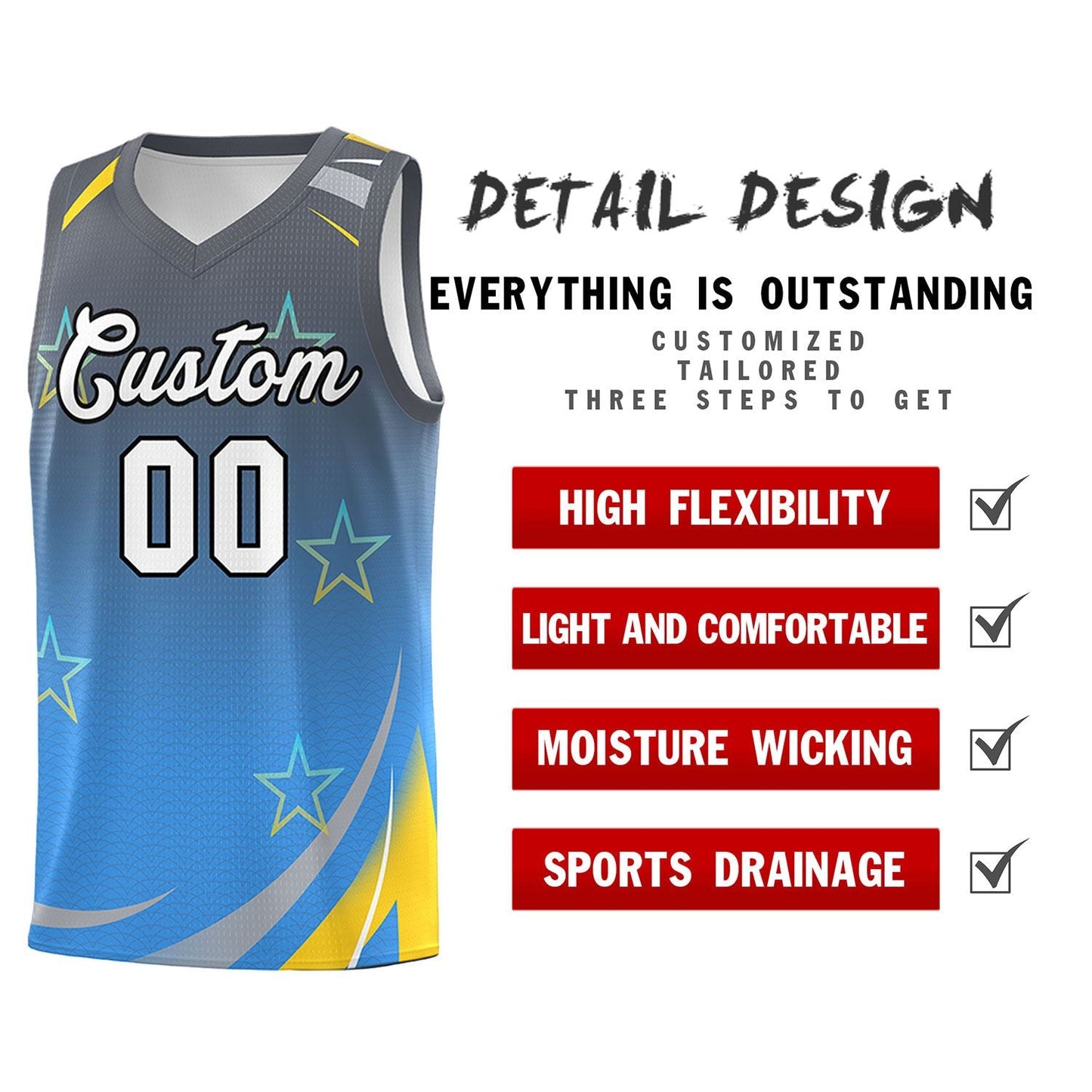 Custom Gray Powder Blue Gradient Star Graffiti Pattern Sports Uniform Basketball Jersey Limited