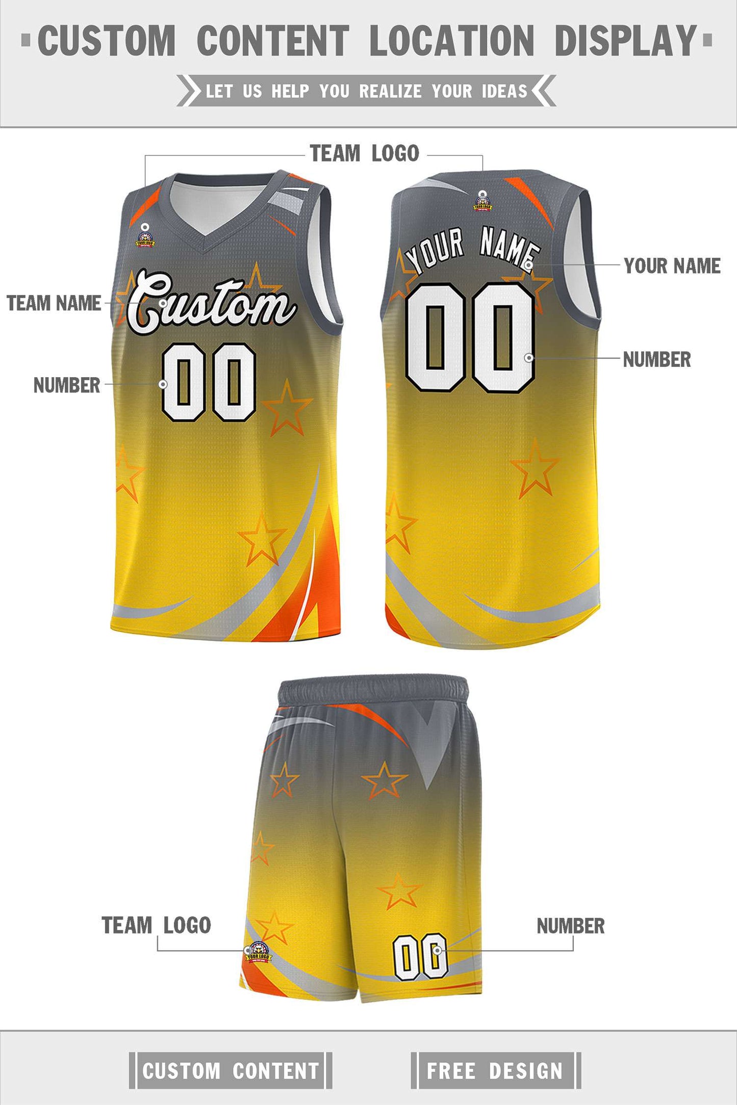 Custom Gray Gold Gradient Star Graffiti Pattern Sports Uniform Basketball Jersey Limited