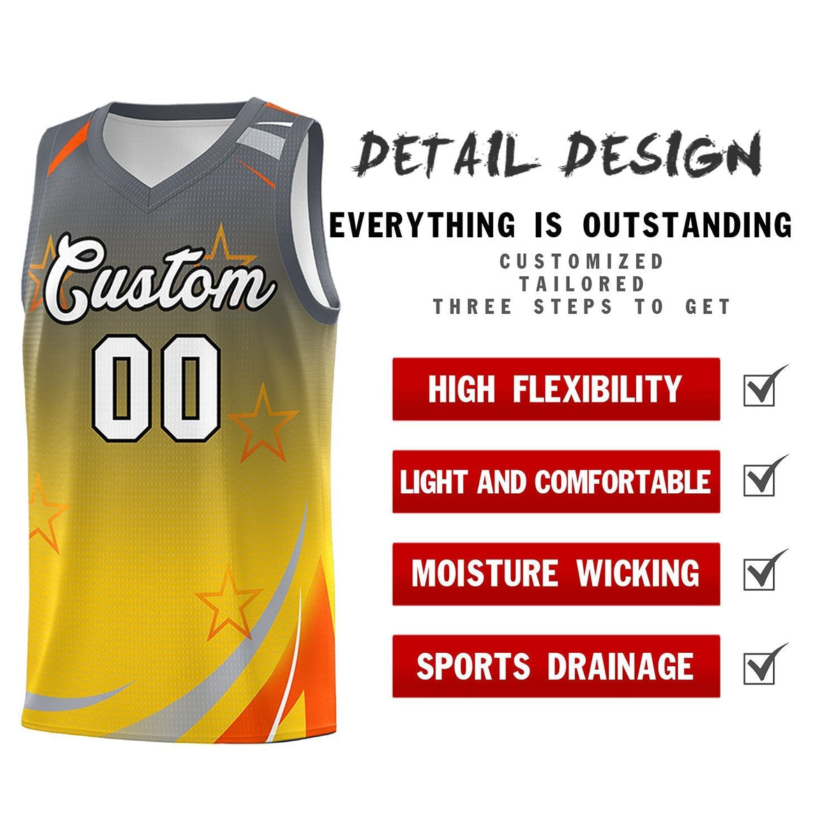 Custom Gray Gold Gradient Star Graffiti Pattern Sports Uniform Basketball Jersey Limited