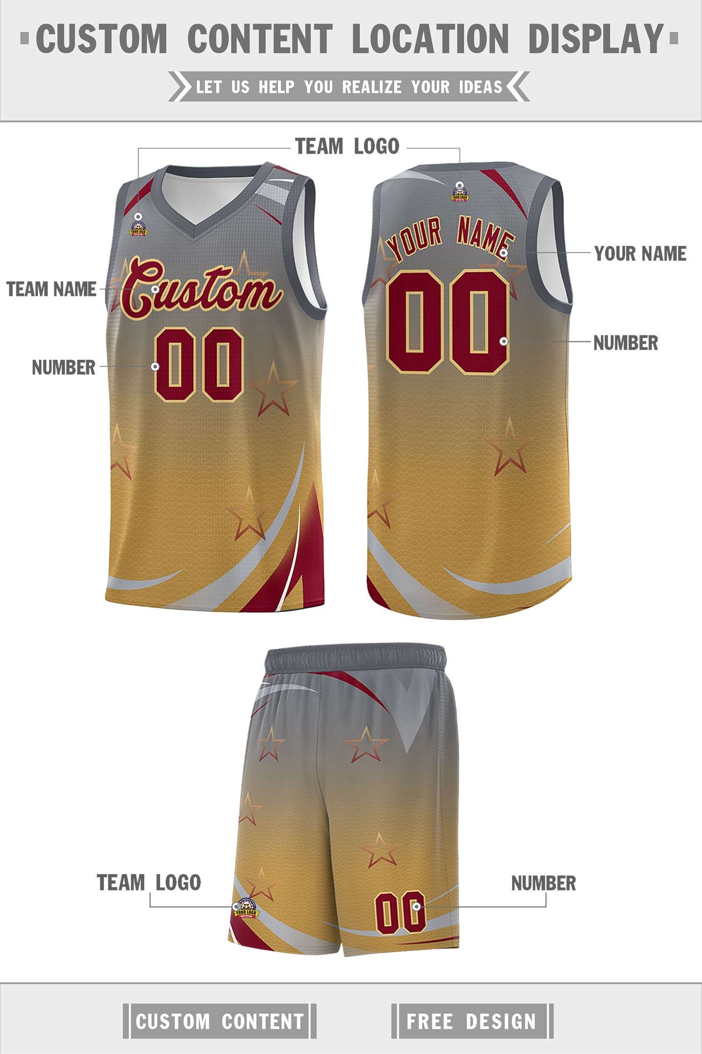 Custom Gray Old Gold Gradient Star Graffiti Pattern Sports Uniform Basketball Jersey Limited
