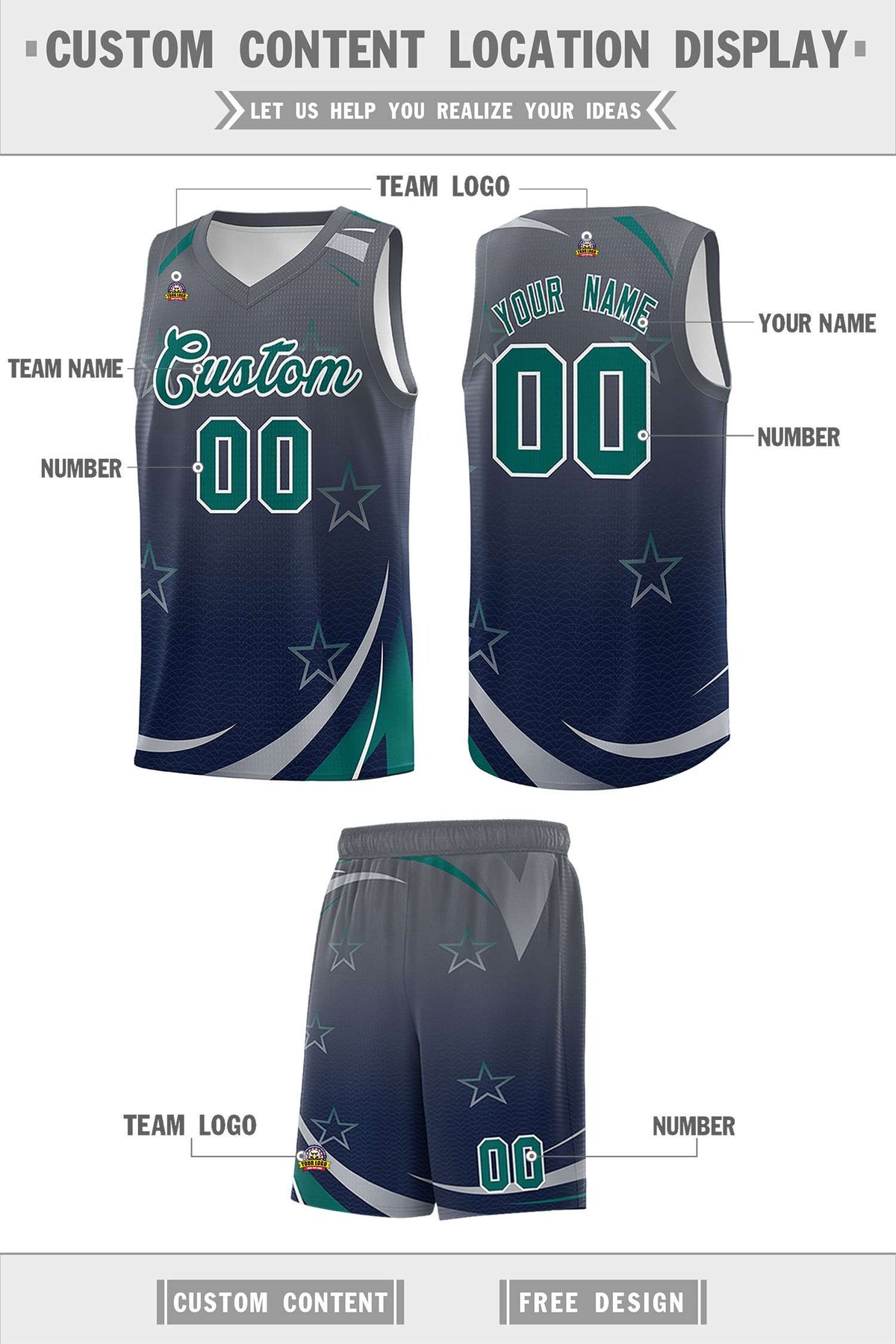 Custom Gray Navy Gradient Star Graffiti Pattern Sports Uniform Basketball Jersey Limited