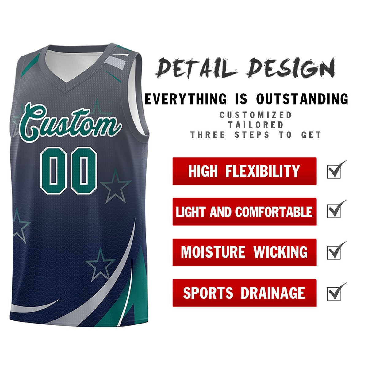Custom Gray Navy Gradient Star Graffiti Pattern Sports Uniform Basketball Jersey Limited