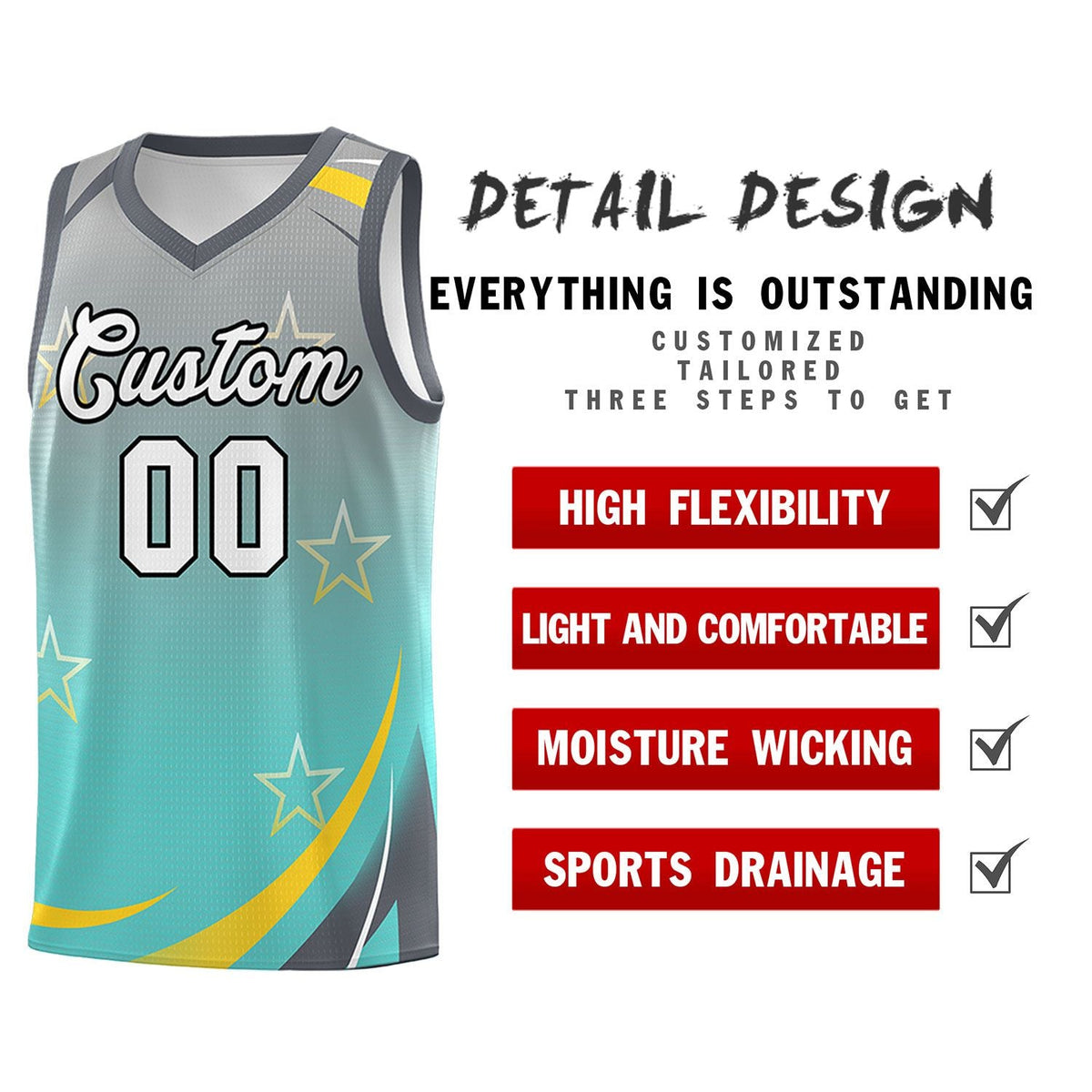 Custom Light Gray Aqua Gradient Star Graffiti Pattern Sports Uniform Basketball Jersey Limited