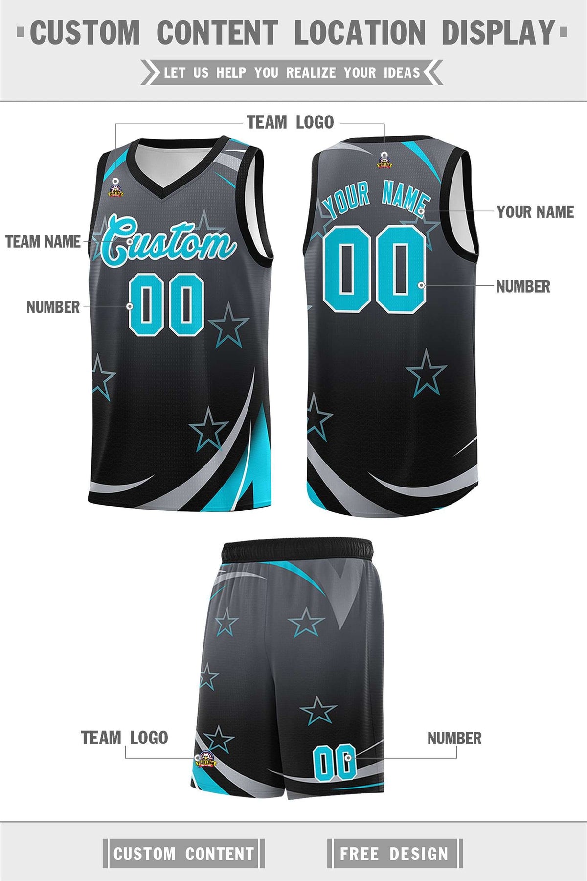 Custom Dark Gray Black Gradient Star Graffiti Pattern Sports Uniform Basketball Jersey Limited