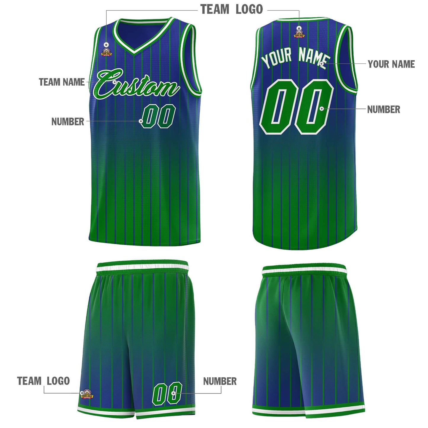 Custom Royal Green Gradient Fashion Sets Sports Stripe Uniform Basketball Jersey Limited