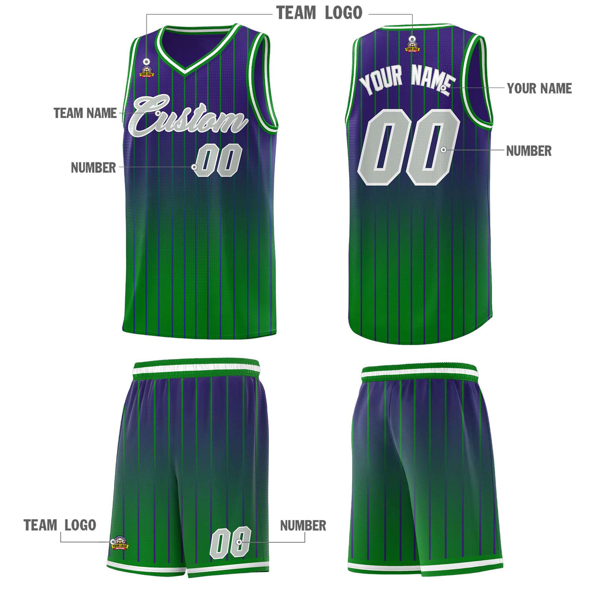Custom Purple Green Gradient Fashion Sets Sports Stripe Uniform Basketball Jersey Limited