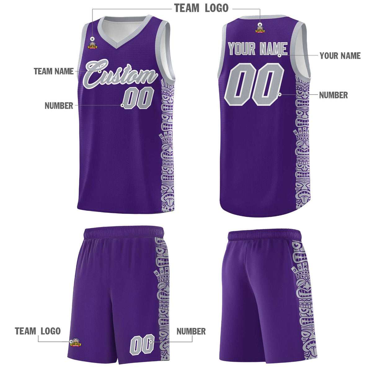 Custom Purple Gray Personalized Indians Pattern Sets Sports Uniform Basketball Jersey Limited