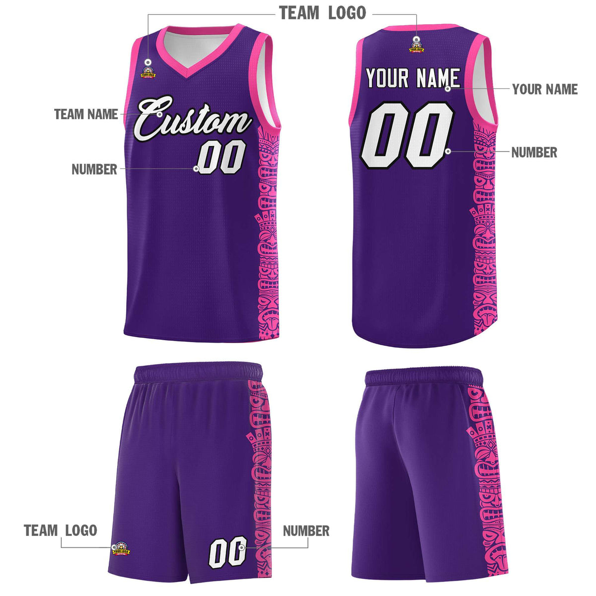 Custom Purple Pink Personalized Indians Pattern Sets Sports Uniform Basketball Jersey Limited