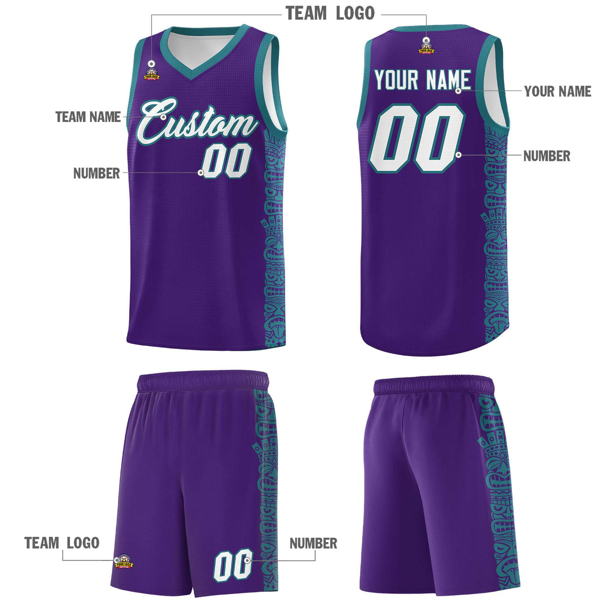 Custom Purple Aqua Personalized Indians Pattern Sets Sports Uniform Basketball Jersey Limited