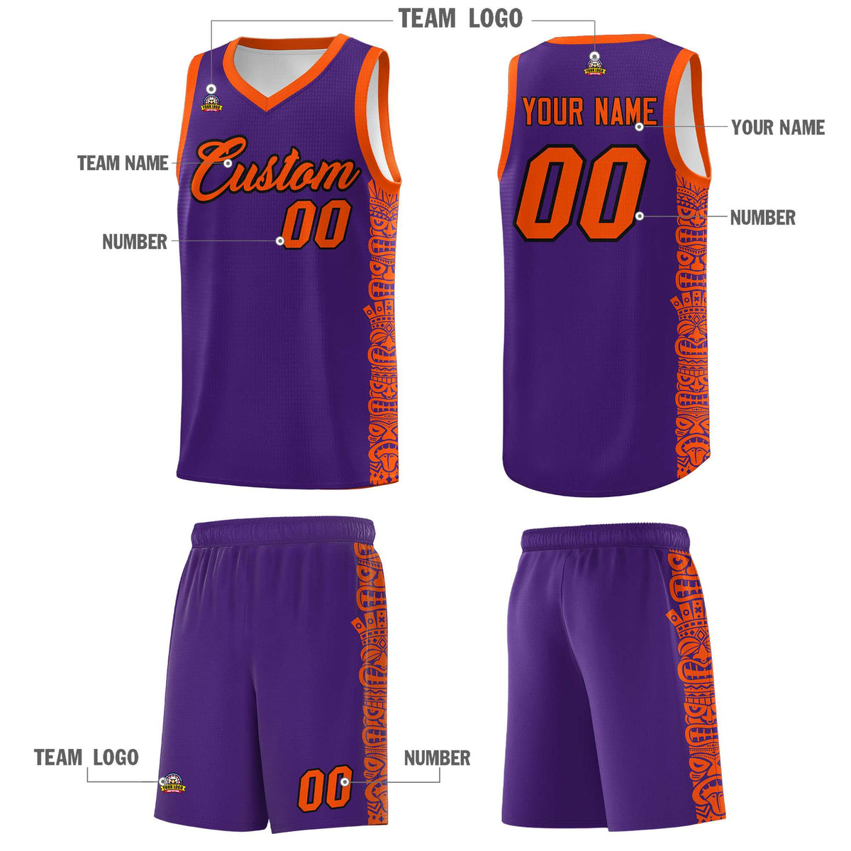 Custom Purple Orange Personalized Indians Pattern Sets Sports Uniform Basketball Jersey Limited