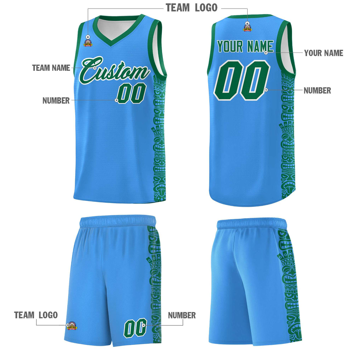 Custom Powder Blue Kelly Green Personalized Indians Pattern Sets Sports Uniform Basketball Jersey Limited