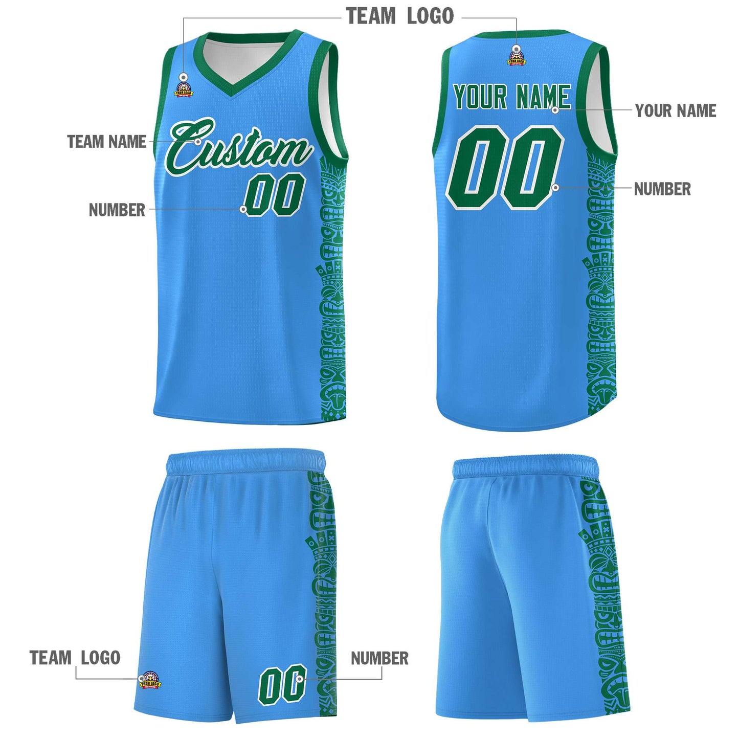 Custom Powder Blue Kelly Green Personalized Indians Pattern Sets Sports Uniform Basketball Jersey Limited