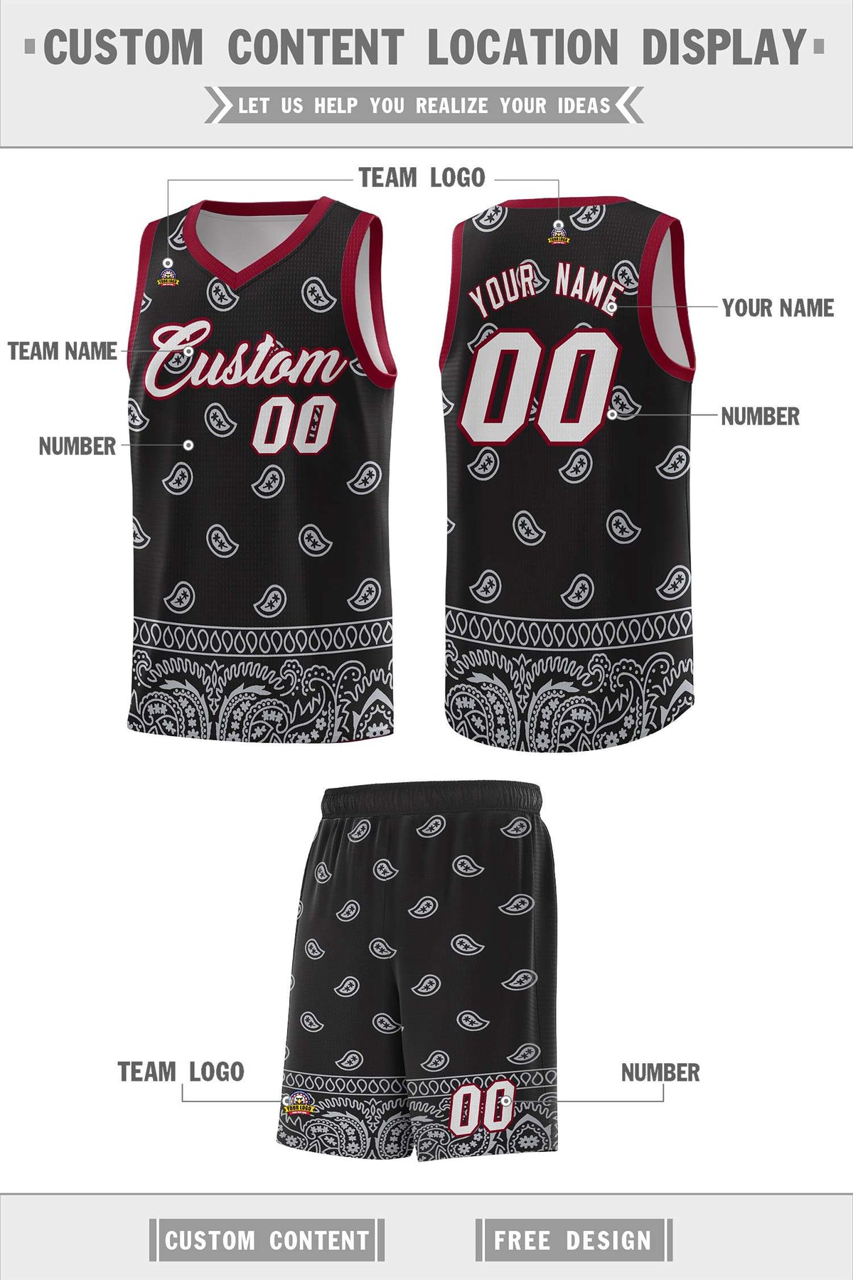 Custom Black Gray Personalized Cashew Pattern Sports Uniform Basketball Jersey Limited