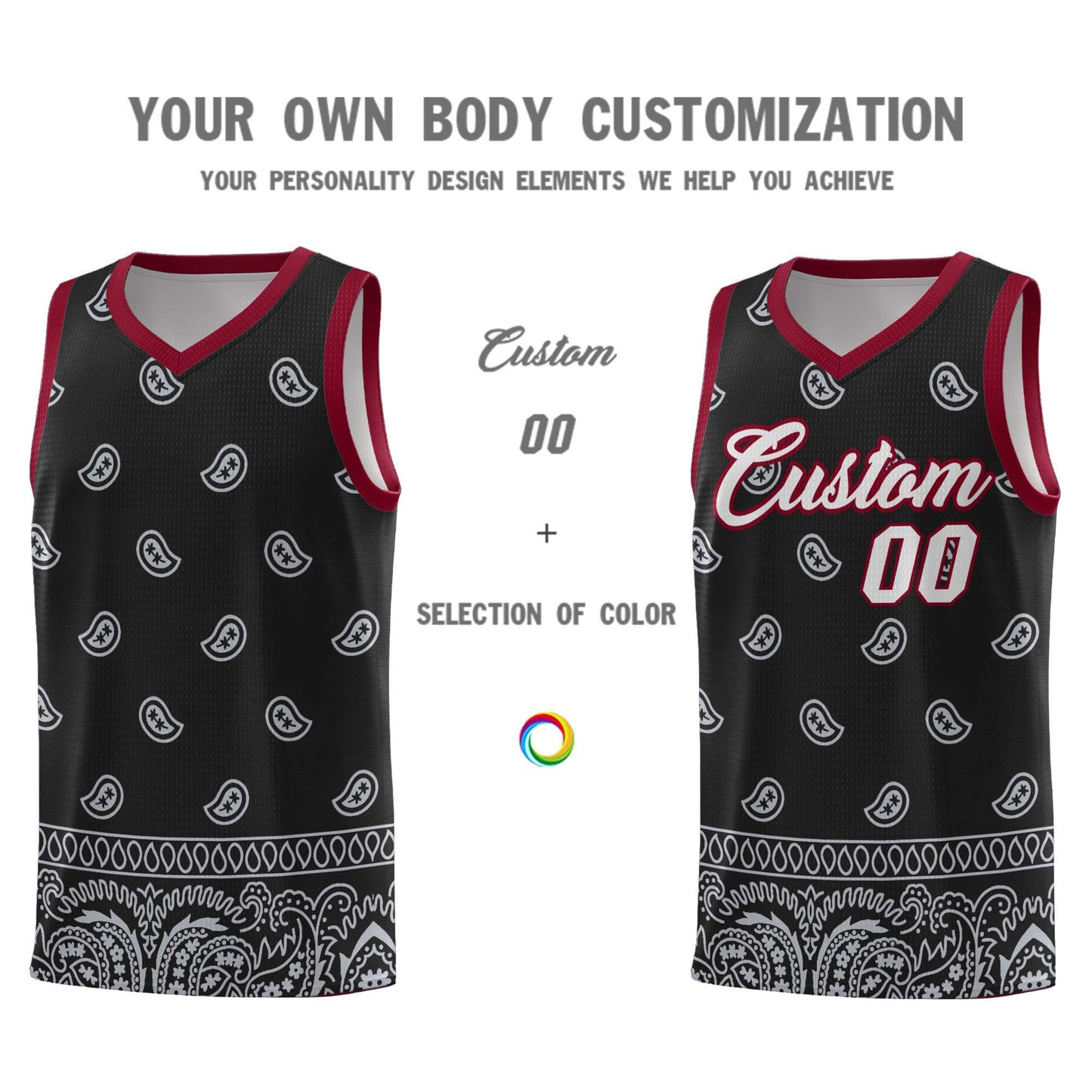 Custom Black Gray Personalized Cashew Pattern Sports Uniform Basketball Jersey Limited