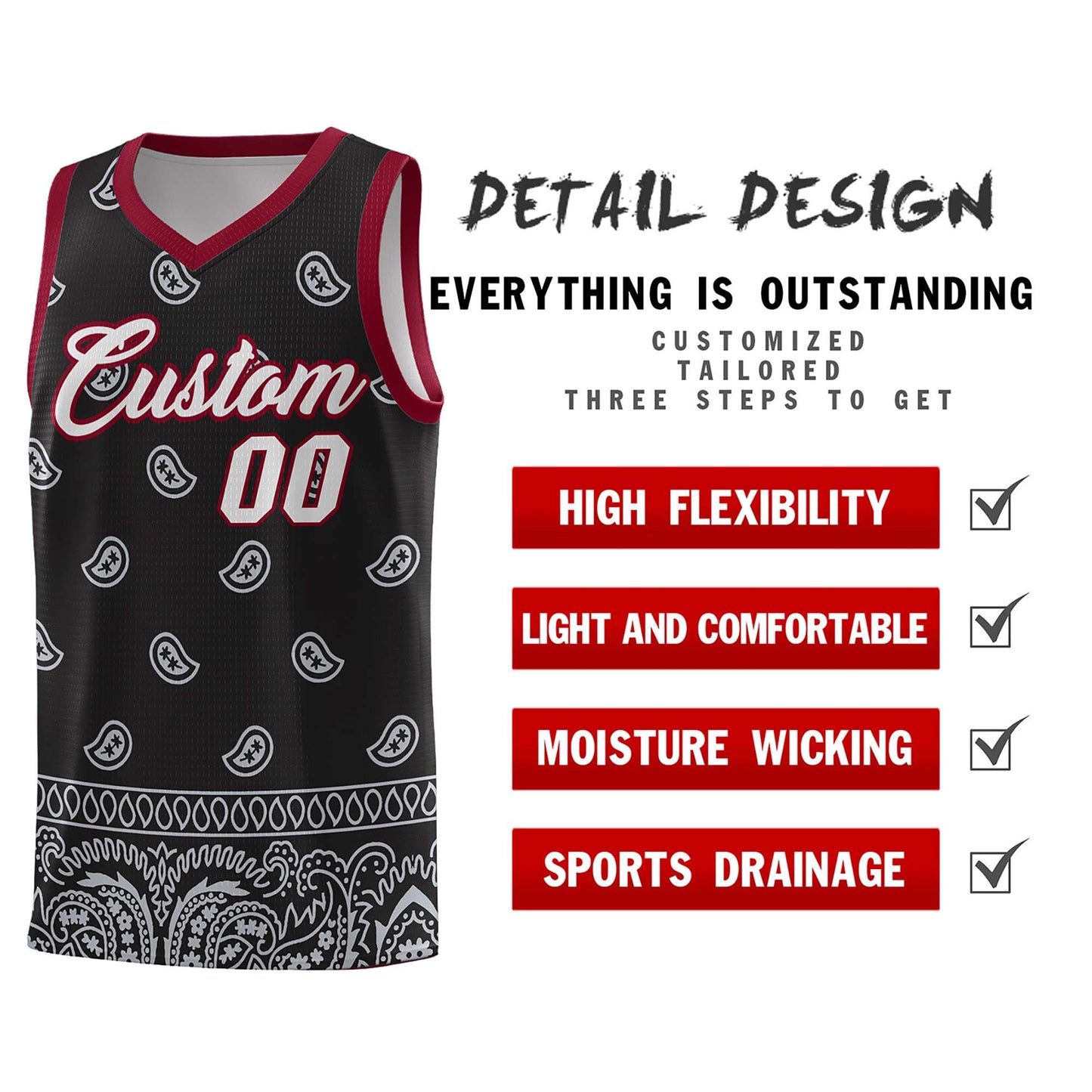 Custom Black Gray Personalized Cashew Pattern Sports Uniform Basketball Jersey Limited
