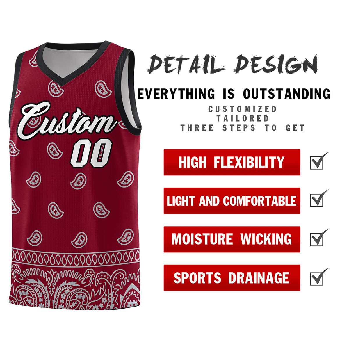 Custom Crimson Gray Personalized Cashew Pattern Sports Uniform Basketball Jersey Limited
