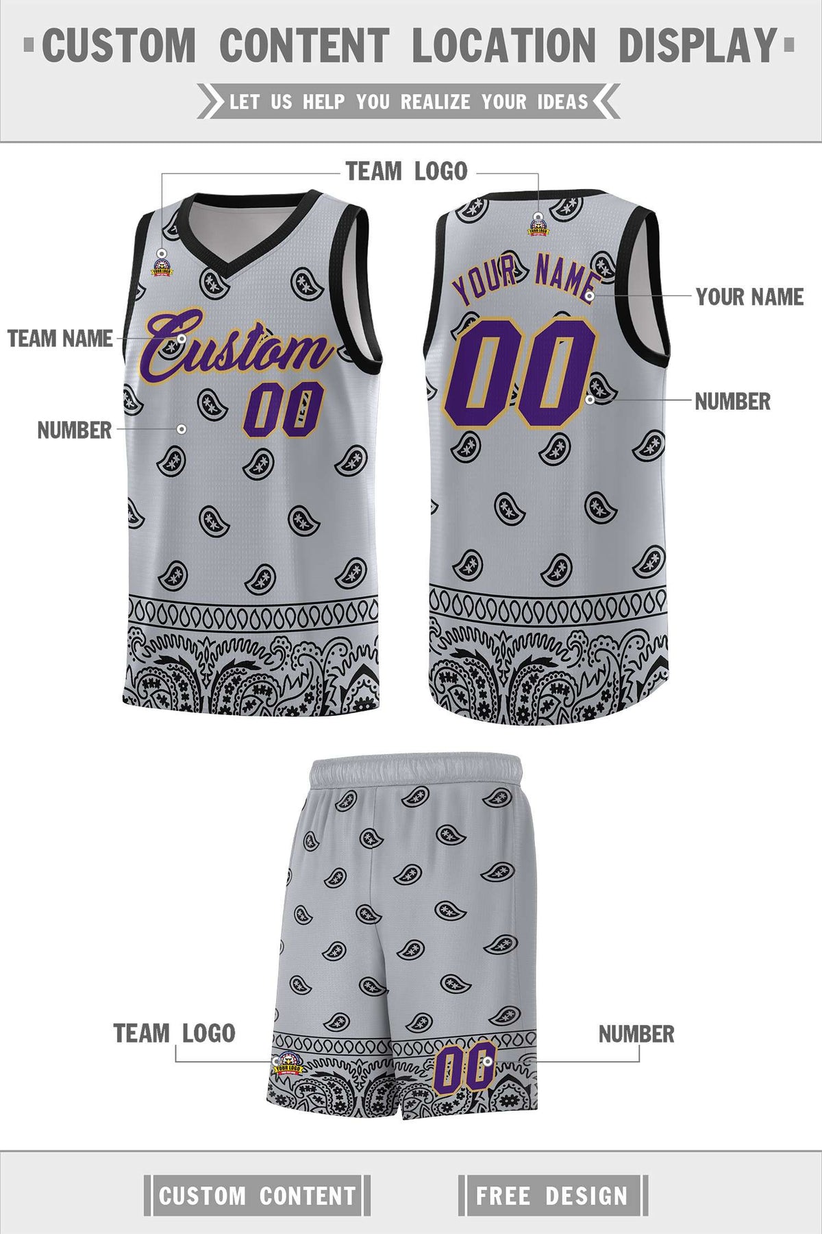 Custom Gray Black Personalized Cashew Pattern Sports Uniform Basketball Jersey Limited