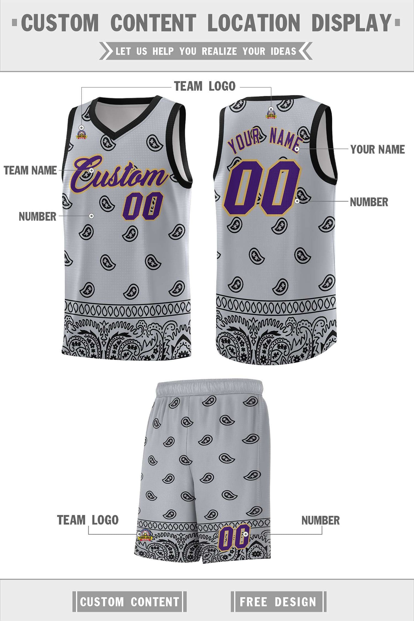 Custom Gray Black Personalized Cashew Pattern Sports Uniform Basketball Jersey Limited