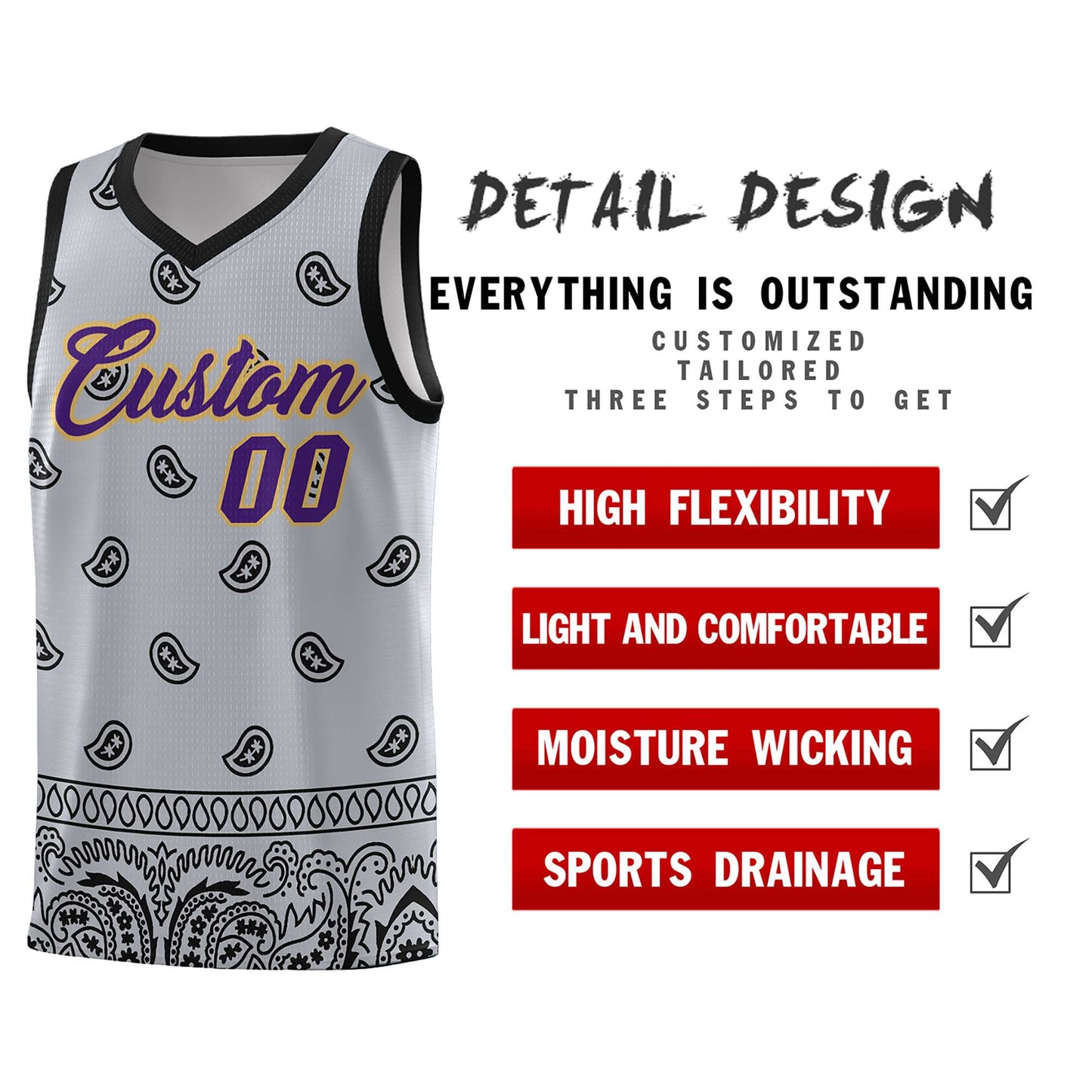 Custom Gray Black Personalized Cashew Pattern Sports Uniform Basketball Jersey Limited