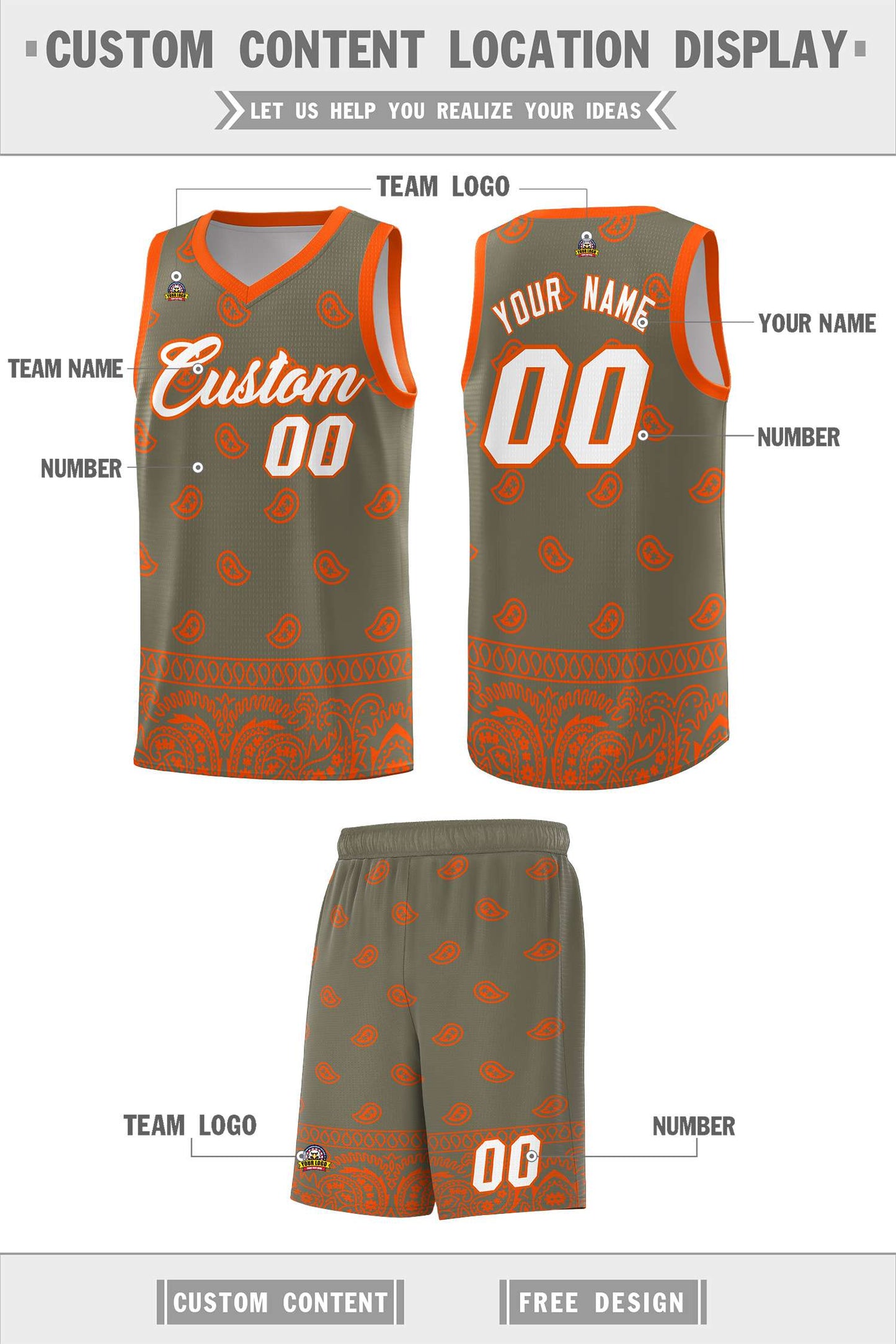 Custom Olive Orange Personalized Cashew Pattern Sports Uniform Basketball Jersey Limited