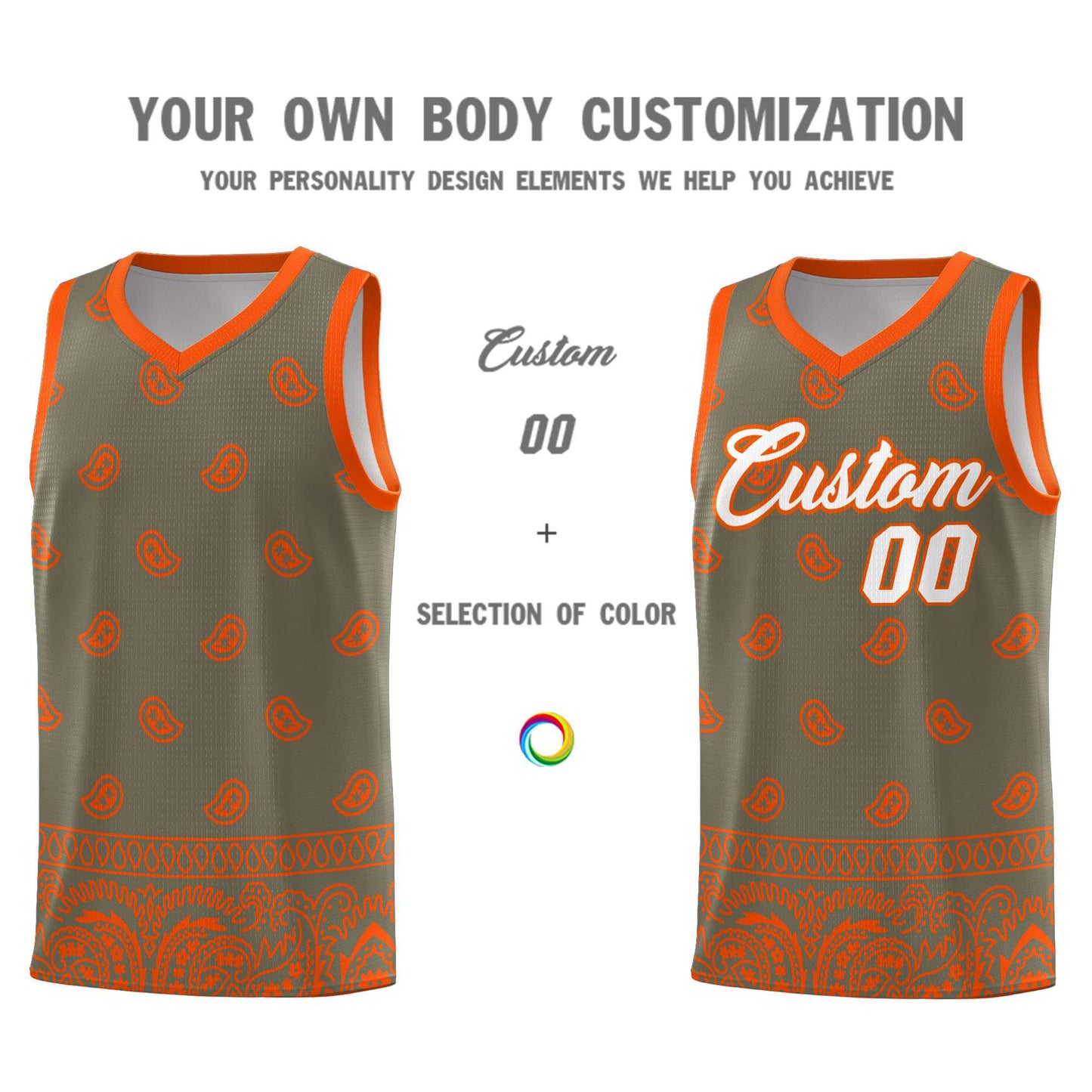 Custom Olive Orange Personalized Cashew Pattern Sports Uniform Basketball Jersey Limited