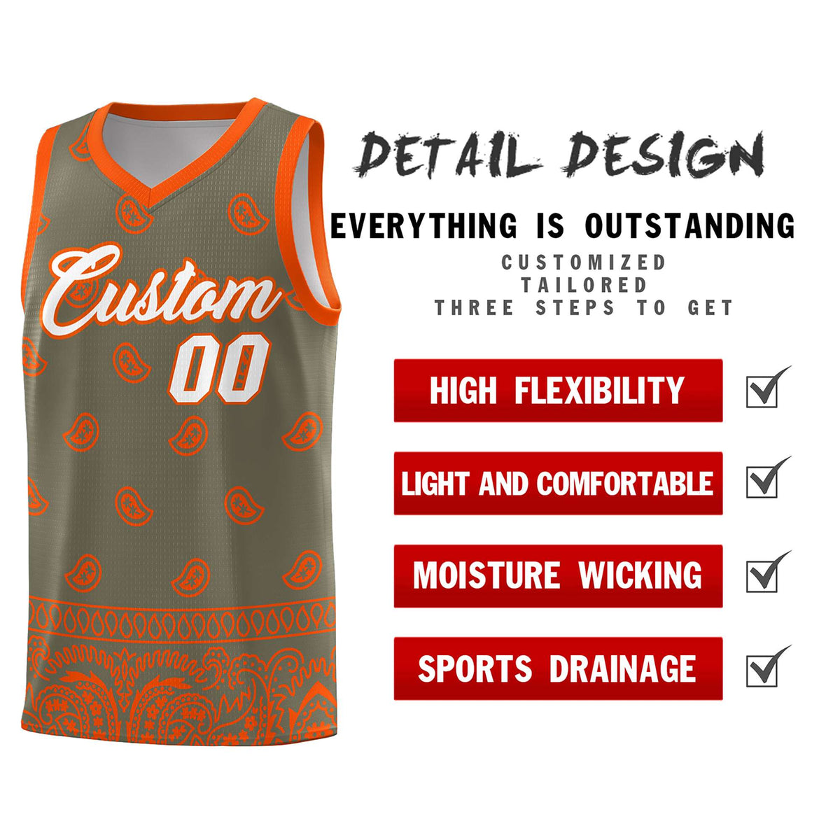 Custom Olive Orange Personalized Cashew Pattern Sports Uniform Basketball Jersey Limited